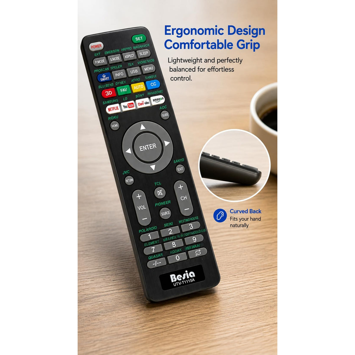 Universal TV Remote Control Replacement for Smart TVs, UTV-T1115A, Compatible with Emerson, Magnavox, Sanyo, TCL, Hisense, Element, Westinghouse, Seiki, Polaroid, JVC, Akai, Coby and More
