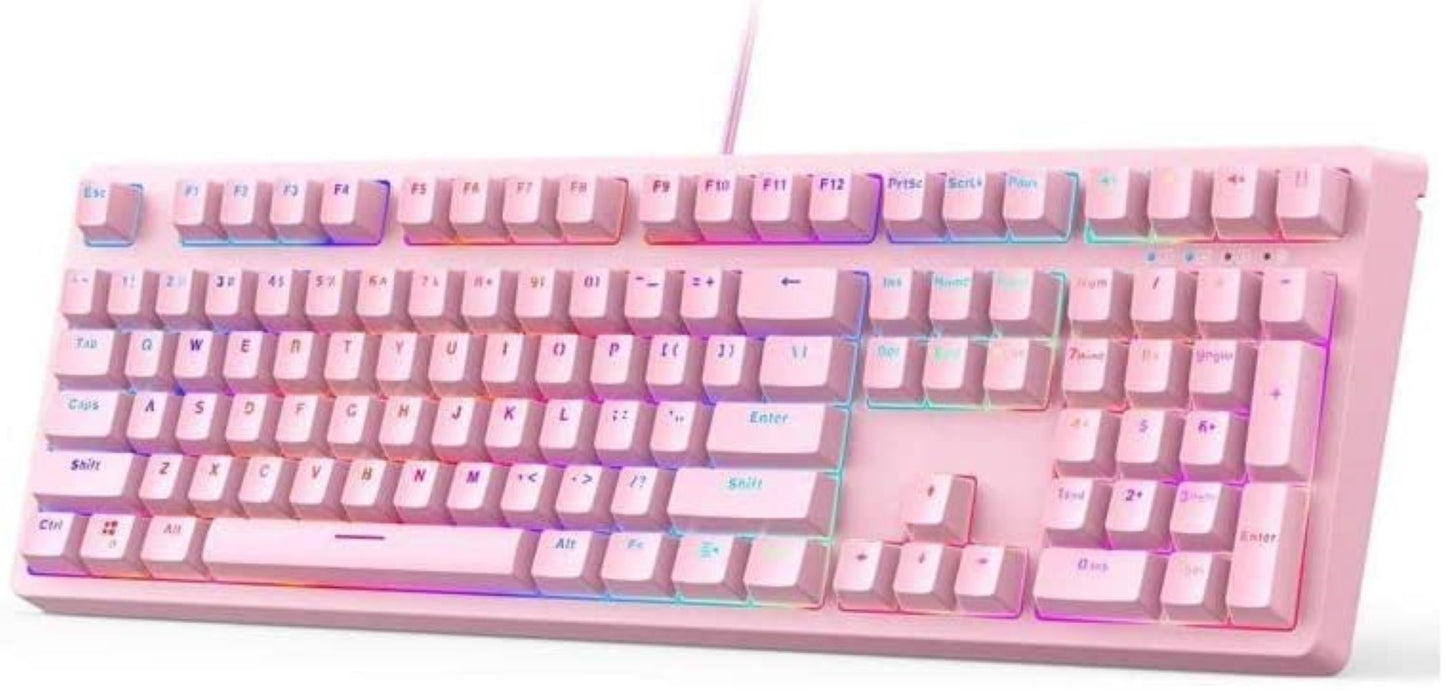 Mechanical Gaming Keyboard with Customizable RGB Backlight & Tactile Blue Switches, 108-Key Anti-Ghosting Wired Keyboard 18 Lighting Effects & 12 Multimedia Keys for PC and Laptop - Pink
