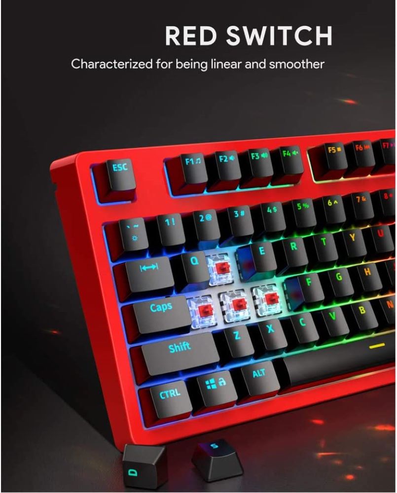 Mechanical Gaming Keyboard RGB Backlight with Linear Red Switches, 104-Key Anti-Ghosting Wired USB Keyboard for PC, Laptop KM-G18