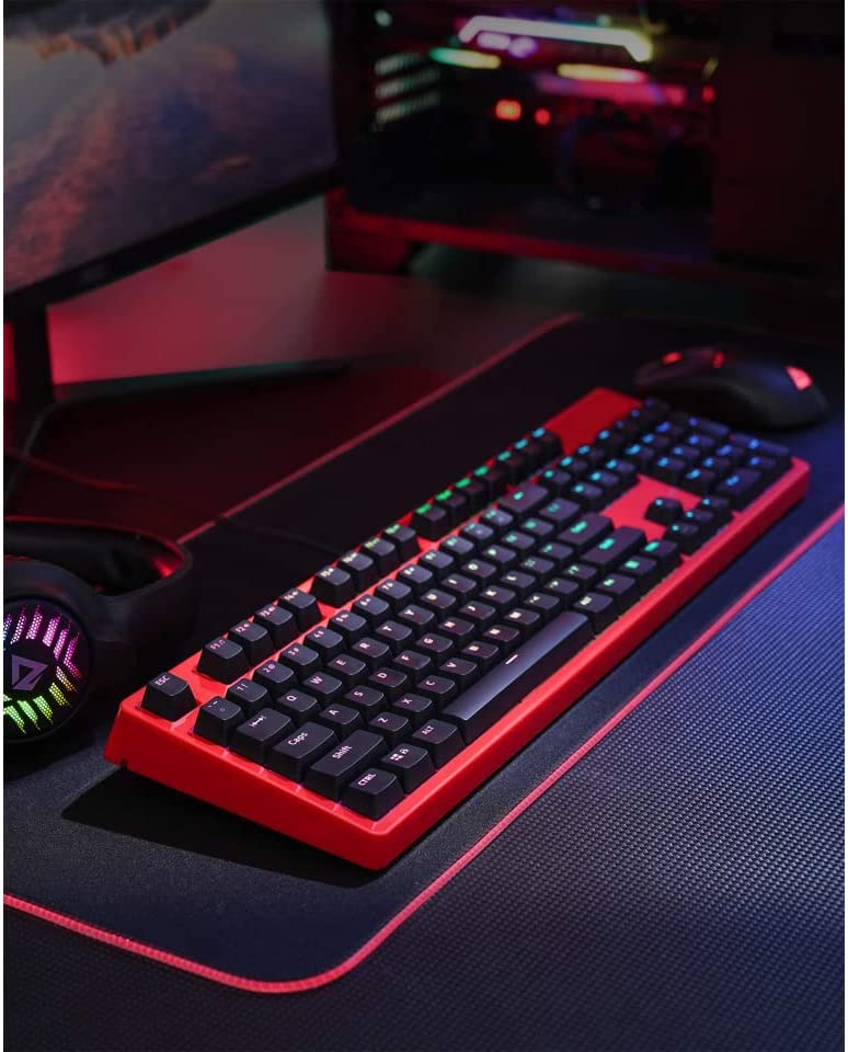 Mechanical Gaming Keyboard RGB Backlight with Linear Red Switches, 104-Key Anti-Ghosting Wired USB Keyboard for PC, Laptop KM-G18