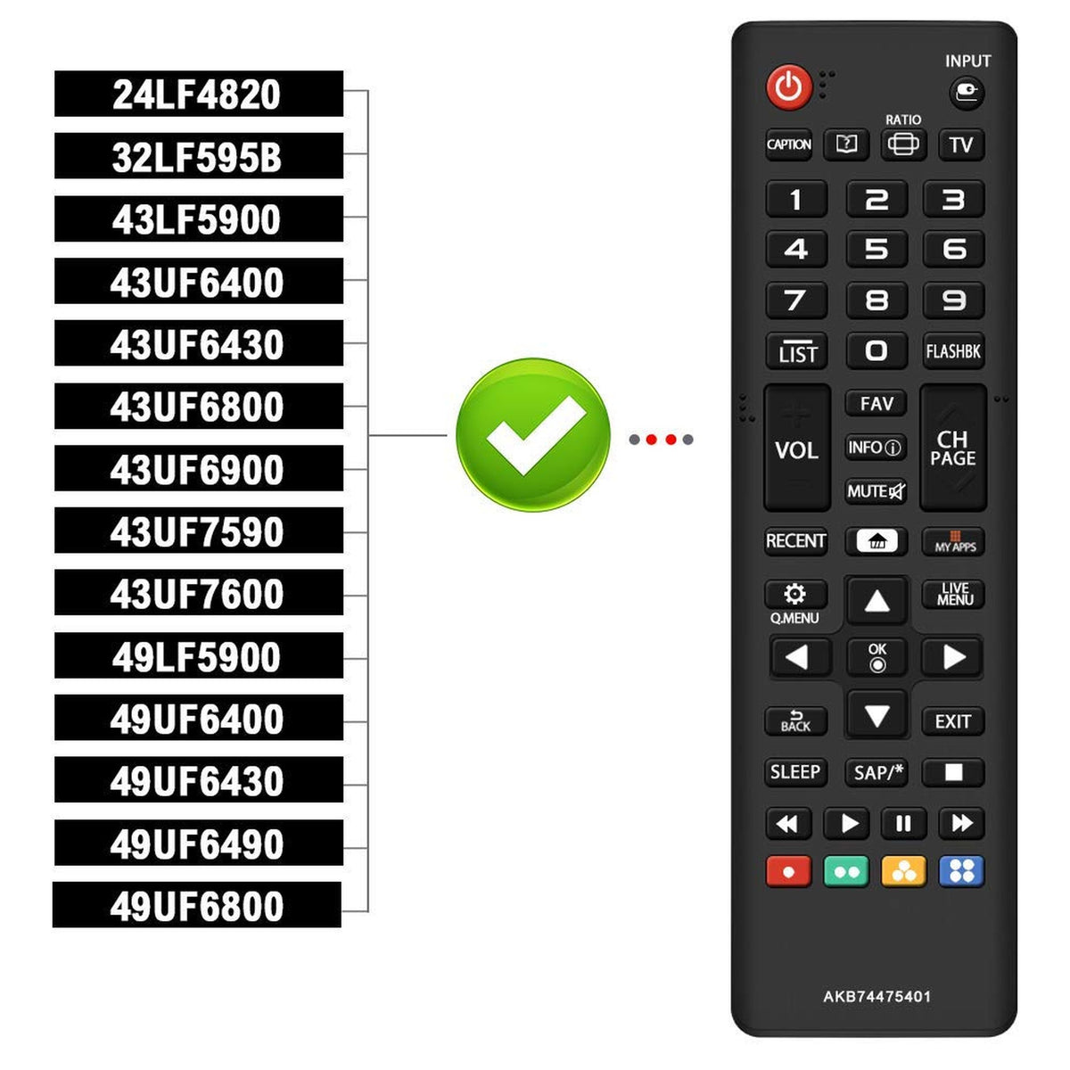 Young AKB74475401 Replaced Remote fit for LG Smart TV 24LF4820 32LF595B 43LF5900 43UF6400 43UF6430 43UF6800 43UF6900 43UF7590 43UF7600 49LF5900 49UF6400 49UF6430 49UF6490 49UF6800 49UF6900 49UF7590
