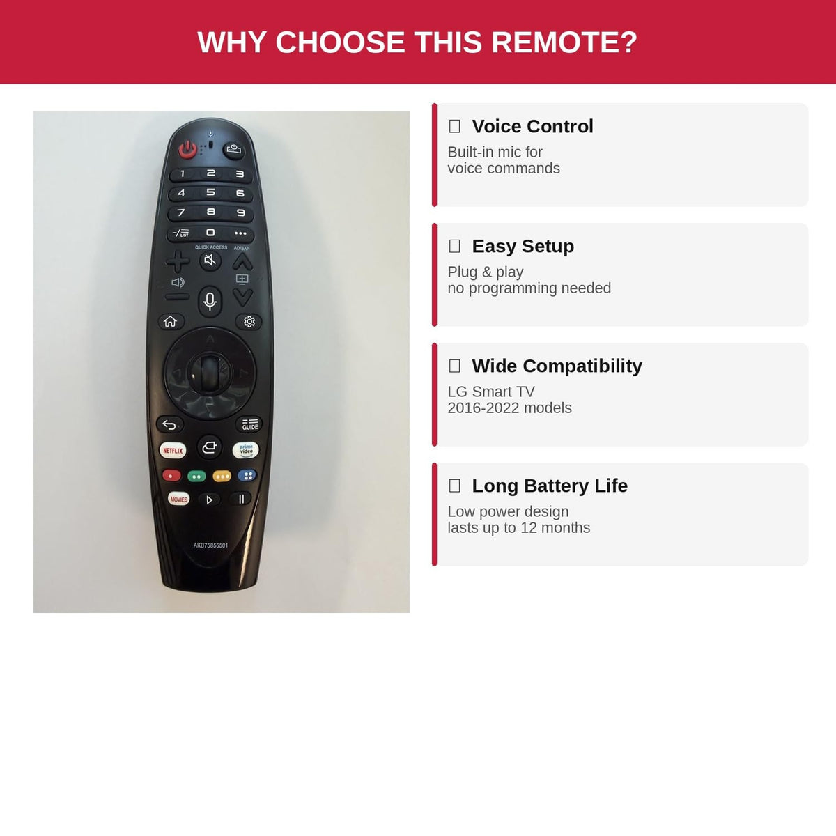 Besia Replacement IR Remote Magic AKB75855501 for All LG Smart TV （No Voice Command）