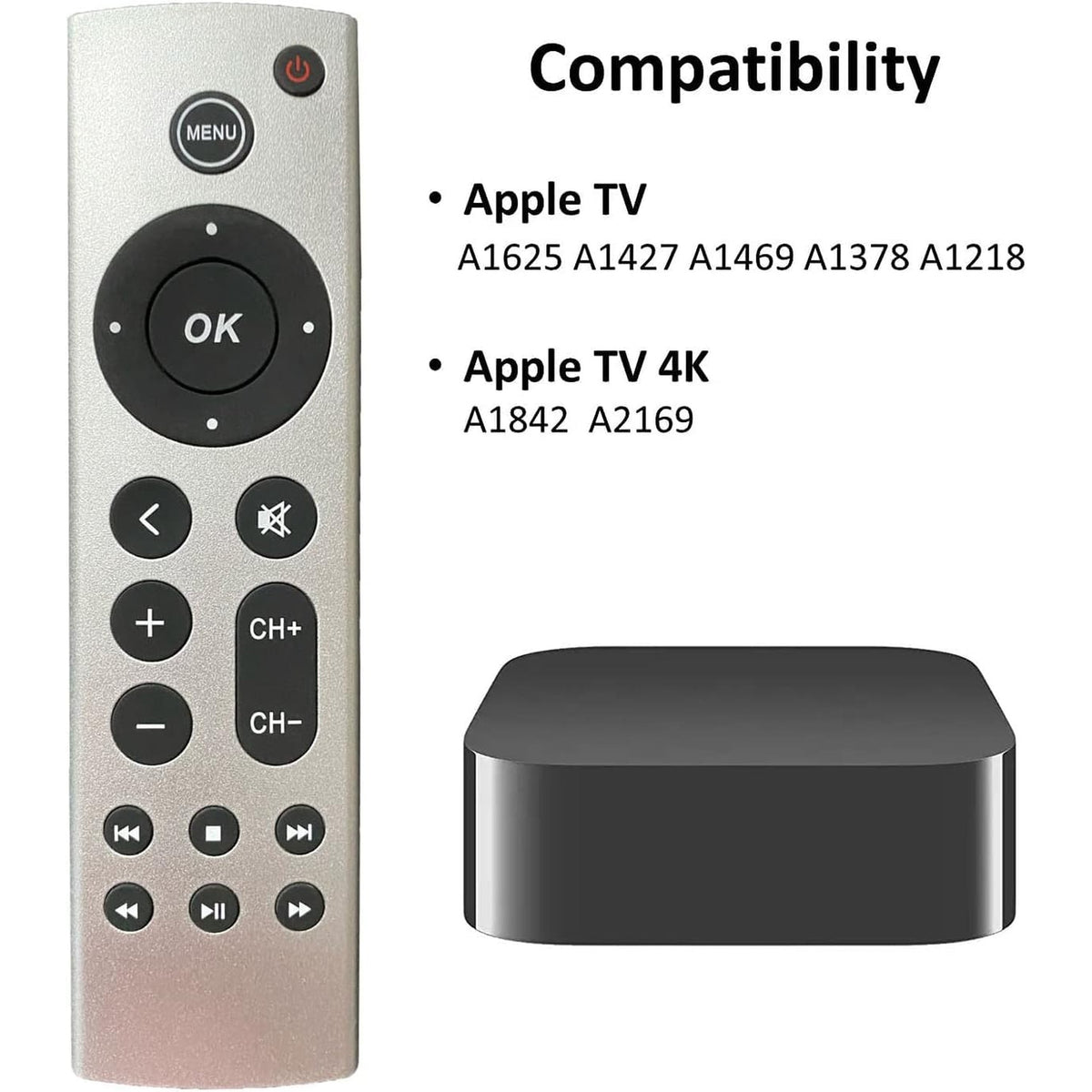 Universal Replacement Remote for Apple TV 4K/ HD, A2843 A2737 A2169 A1842 A1625 A1427 A1469 A1378 (No Voice), Compatible with Samsung, LG, Sony, Westinghouse, Insignia, Vizio, Toshiba TVs