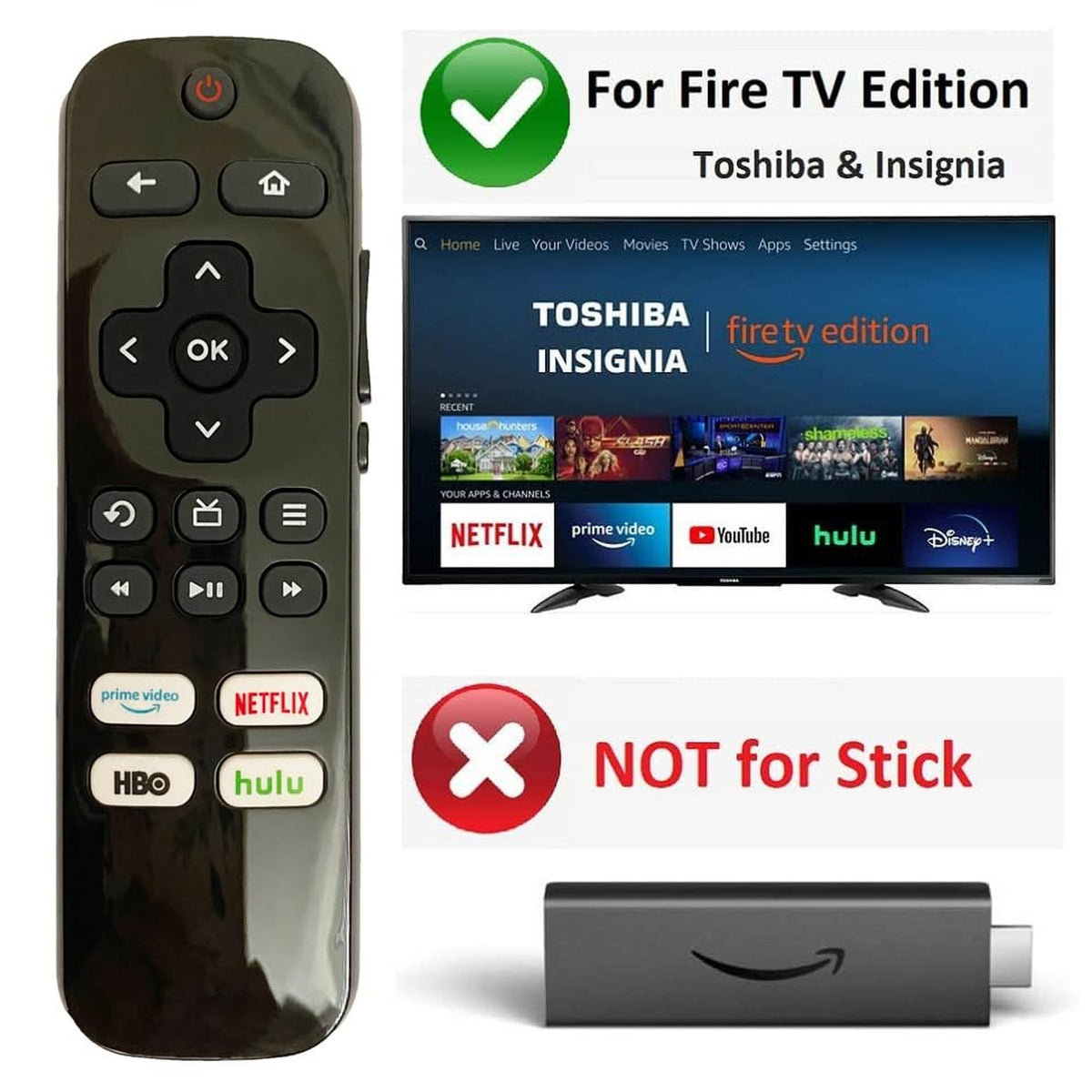 BESIA Brand Replacement Remote Compatible with Insignia/Toshiba Fire Smart TV Remote Control (no voice control) Compatible with TV Models NS-55DF710NA21 NS24DF310NA21 NS39DF310NA21 NS50DF710NA21 NS55D