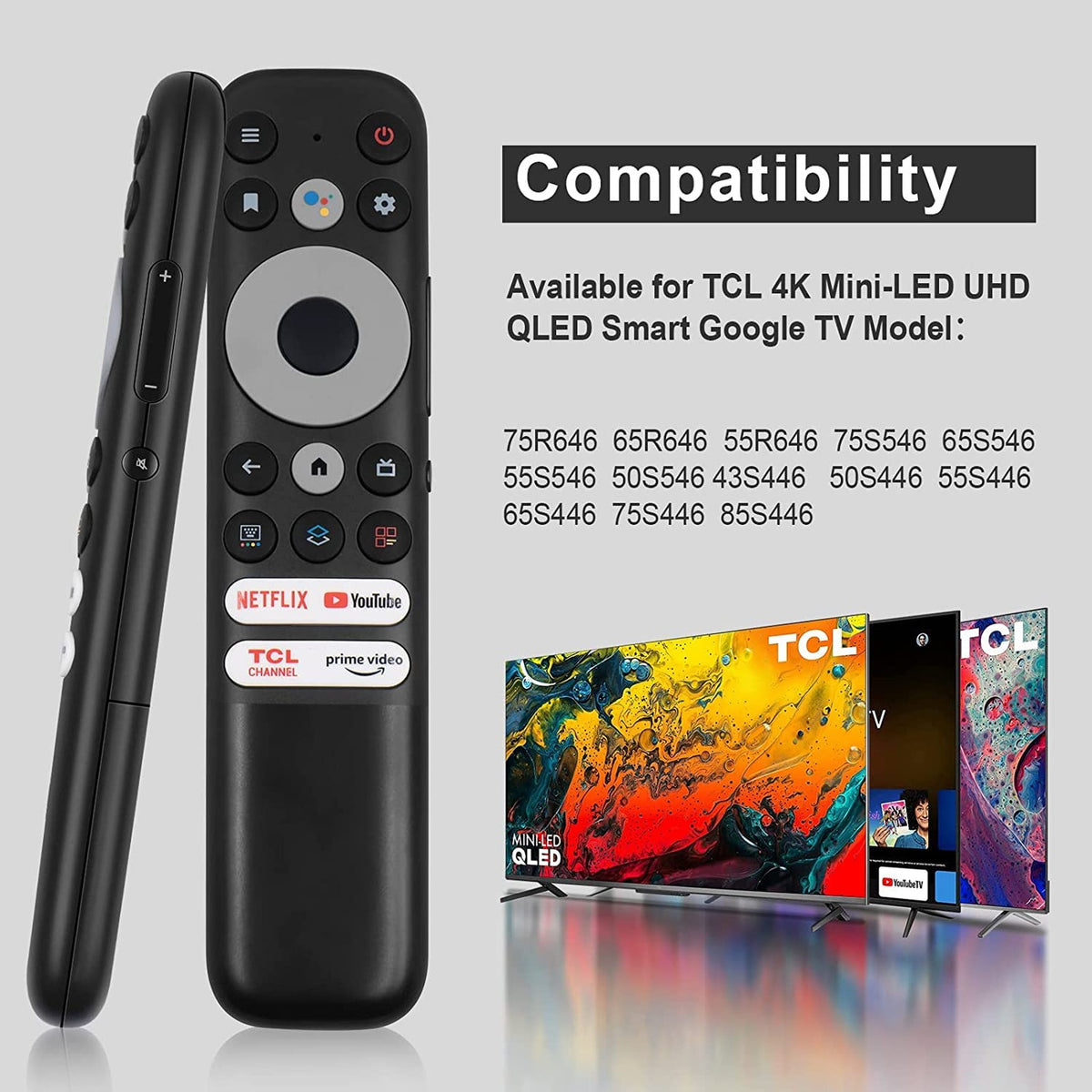Besia RC902N FMR1 Remote Control for All TCL Google Smart TV and Android Smat TV,Replacement 55R646 55S546 65R646 65S546 75R646 75S546 Mini-LED QLED 4K UHD [ Without Voice Function]