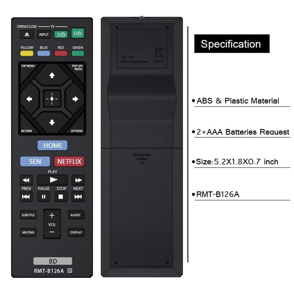 New RMT-B126A Remote Control Replacement for Sony Blu-Ray Disc DVD Player BDPBX120 BDPBX320 BDPBX520 BDPBX620 BDPS1200 BDPS2100 BDPS2200 BDPS3200 BDPS5200D BDPS6200