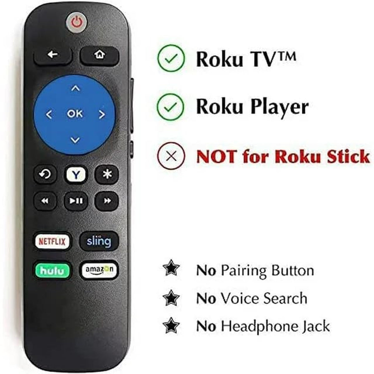 Universal Replace Remote Control Compatible with TCL, Insignia, Onn, Sharp, Element, Westinghouse, Philips, JVC, RCA, Hitachi, Sanyo Roku TV Series