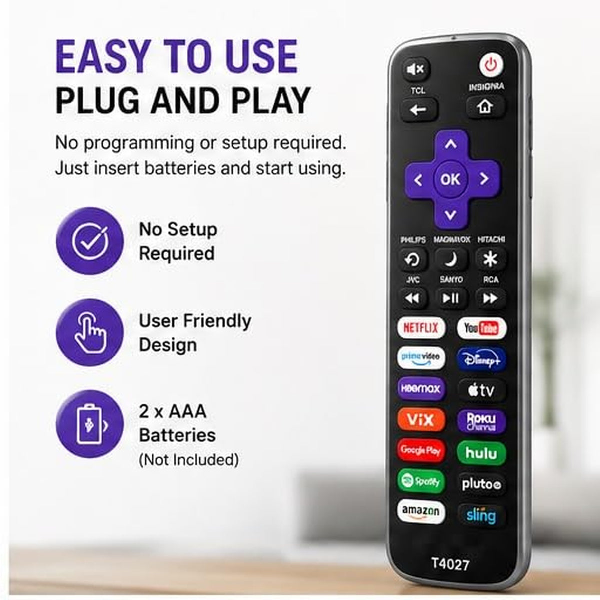 Universal Remote Control T4027 fit for All Roku TV and Roku Box （Not for Roku Stick）