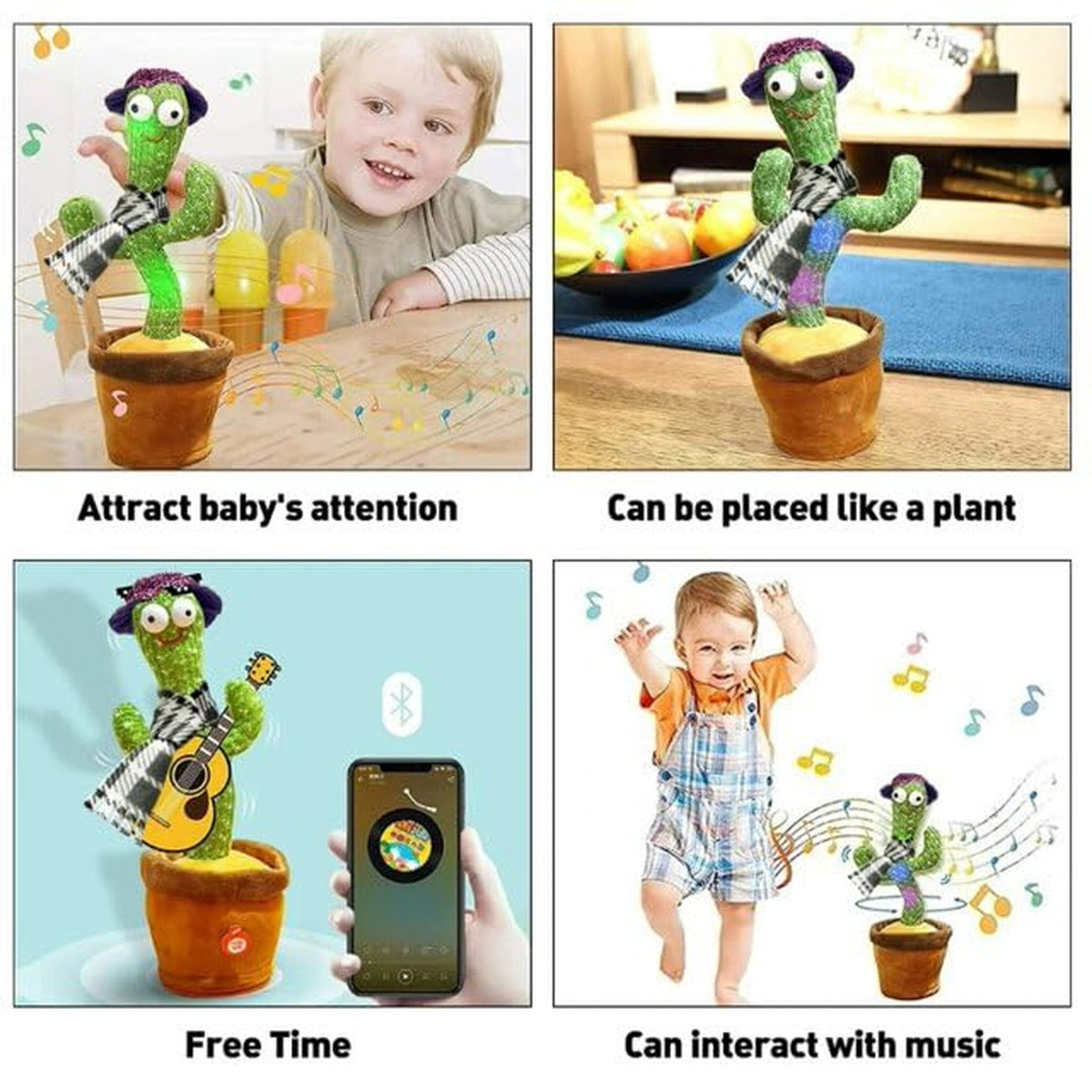 Besia Dancing Cactus Mimicking Toy with Talking Repeat Singing Sunny Cactus Toy 120 Pcs Songs for Baby 15S Record Your Sound Sing+Dancing+Recording+LED, Fun Plush Educational Gift for Babies