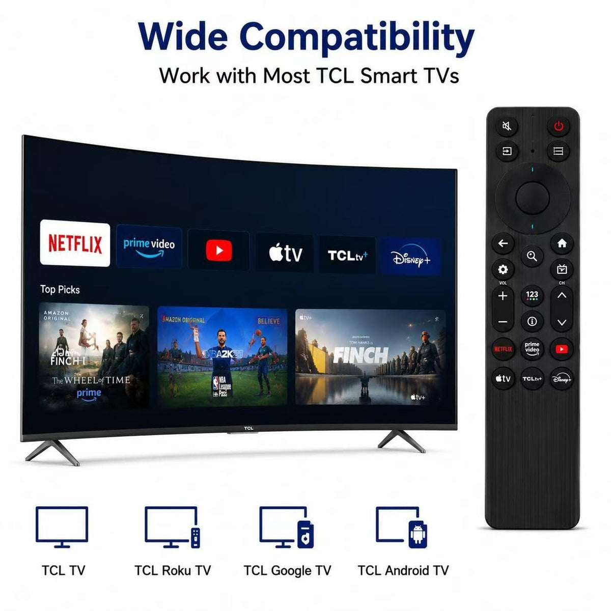 RC923V Replacement Remote Control for TCL QLED + QLED Mini Google TV's, Series QM5K, QM6K, QM7K, Q77K - PN: G0401-000267 (NO Voice Function)
