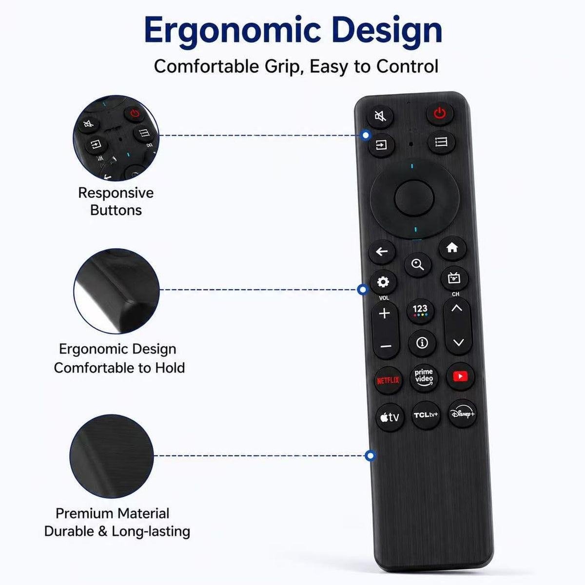RC923V Replacement Remote Control for TCL QLED + QLED Mini Google TV's, Series QM5K, QM6K, QM7K, Q77K - PN: G0401-000267 (NO Voice Function)