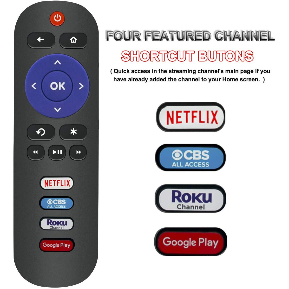 Young New TRC280J Remote fit for TCL ROKU TV 40FS3750 40FS3800 40FS3850 48FS3700 48FS3750 50FS3800 50FS3850 55FS3700 55FS3750 with 4 Netflix, CBS All Access, Roku Channel, Google Play App Keys