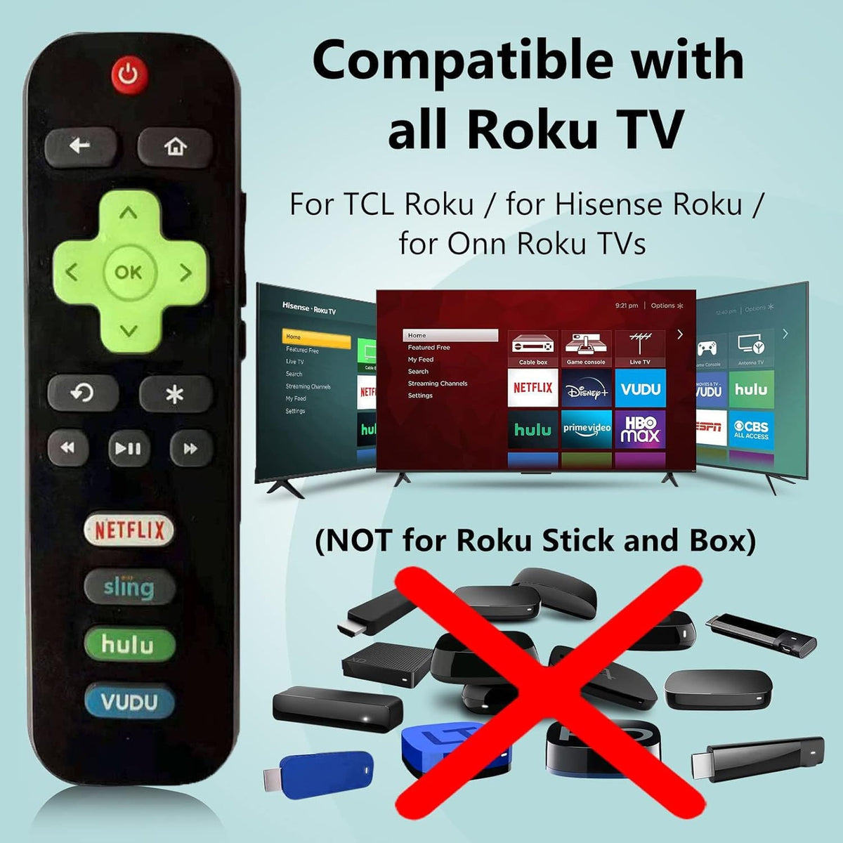 (Pack of 2) Replacement Universal Roku TV Remotes [Glow in The Dark], Compatible ONLY with Roku TV Model: TCL/Hisense/Onn/Sharp/Element/Westinghouse/and Philips Roku TV (Not for Roku Stick and Box)