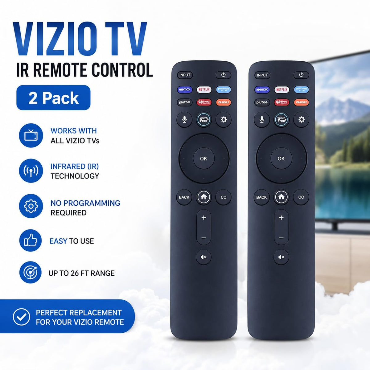 [2 Packs] Universal Vizio Remote XRT260 （No Voice ）Fit for All VIZIO Smart TV Smartcast 4K P-Series V-Series D-Series M-Series XRT136 XRT140 with Hbomax,Netflix,PrimeVideo,Plutotv,iHeartRadio,Crackle