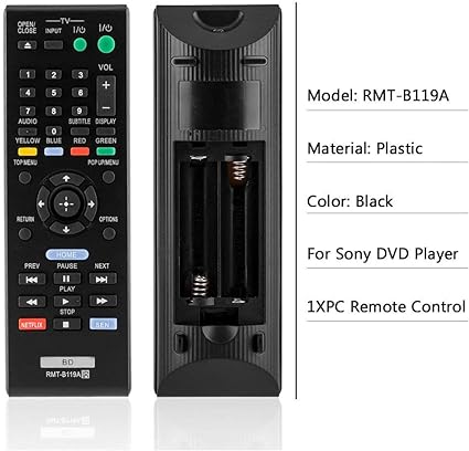 New RMT-B119A Remote Compatible with Sony Blu-Ray Disc DVD Player BDP-BX59 BDP-S390 BDP-S590 BDP-BX110 BDP-S1100 BDP-S3100 BDP-BX310 BDP-BX510 BDP-S580 DP-BX510 BDP-BX59 BDP-BX39