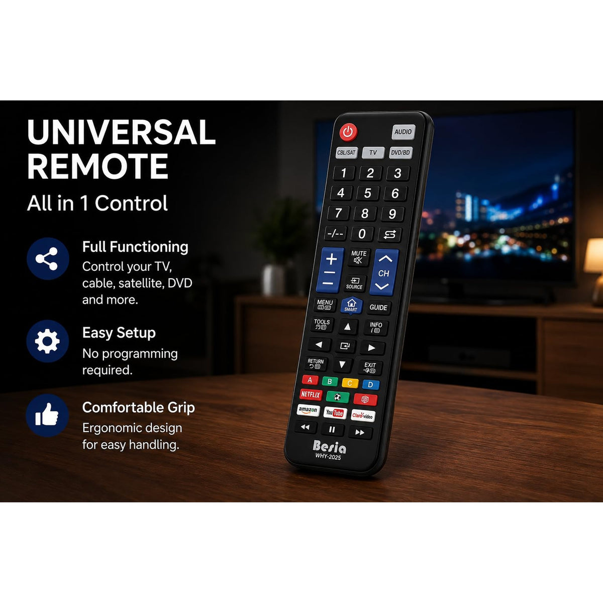 Universal Replacement Remote Control WHY-2025 for Samsung Smart TVs, Blu-ray/DVD Players, Cable Boxes & Audio Systems | 5-in-1 Programmable Universal TV Remote | Netflix, YouTube & Prime Video
