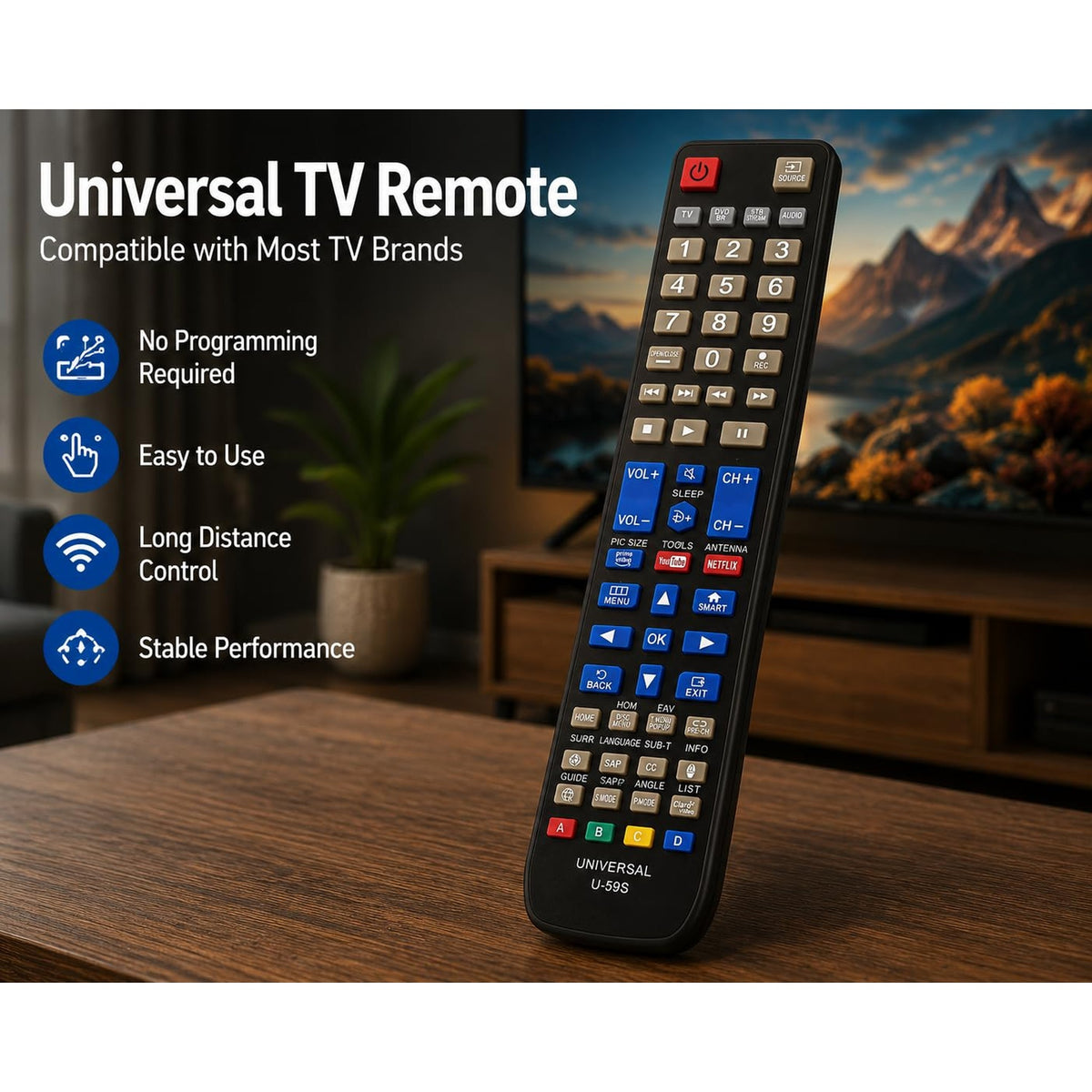 U-59S Universal Remote Control for Smart TV, LED LCD TV, Streaming, DVD/Blu-Ray, Home Theater & Soundbar – Multi-Function Replacement Remote with Netflix, YouTube & Prime Video Buttons