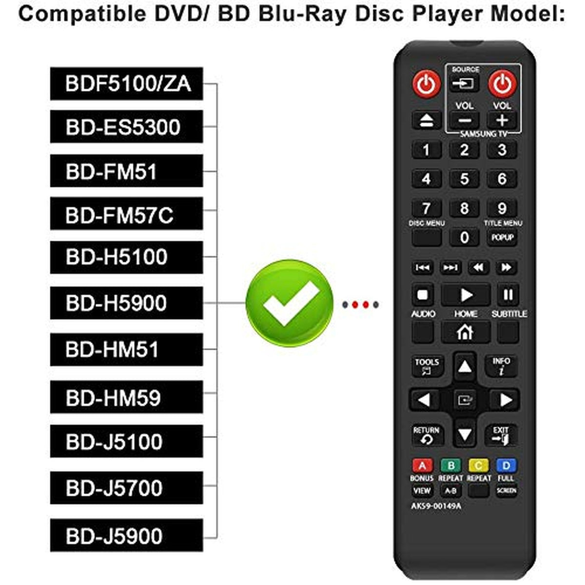 New AK59-00149A Replacement Remote Control fit for Samsung Blu-ray DISC Player BD-ES5000 BD-ES5300 BD-F5100 BD-FM57C BD-HM59