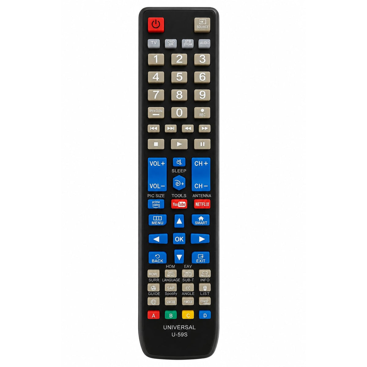 U-59S Universal Remote Control for Smart TV, LED LCD TV, Streaming, DVD/Blu-Ray, Home Theater & Soundbar – Multi-Function Replacement Remote with Netflix, YouTube & Prime Video Buttons