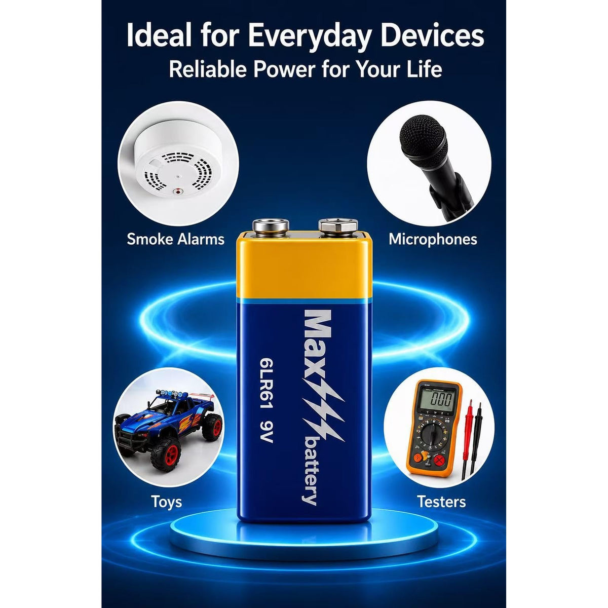 Besia (4 Pack) Max Battery 9V Alkaline Battery, Ultra Long-Lasting Power, Leak-Resistant, Non-Rechargeable 9 Volt Battery for Smoke Alarms, Microphones, Multimeters, Toys & Household Devices