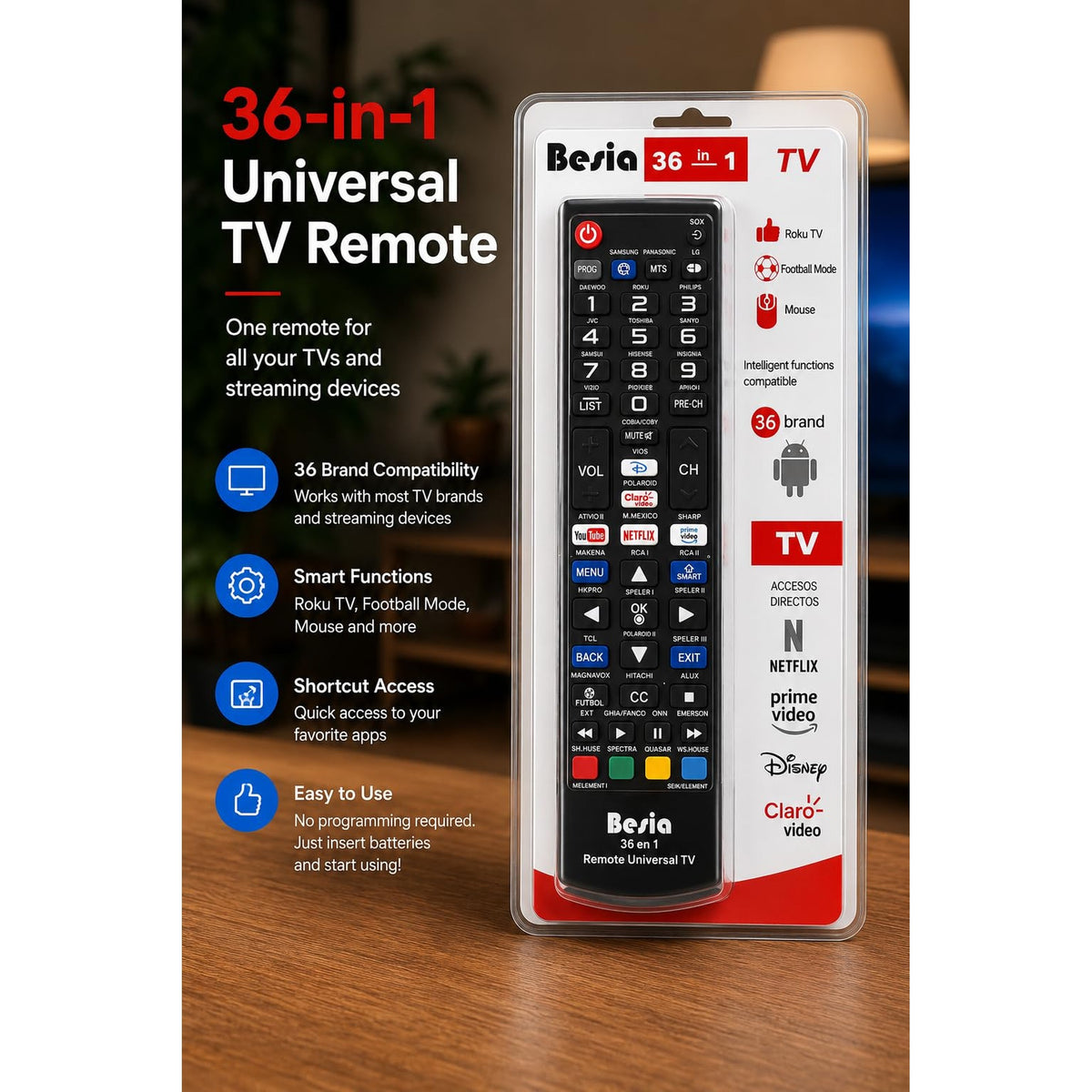Universal TV Remote Control Replacement, 36-in-1 for Smart TVs, Compatible with Roku TV, Samsung, LG, Sony, TCL, Hisense, Vizio, Philips, Panasonic, Insignia, Sharp, Sanyo & More, Easy Programming