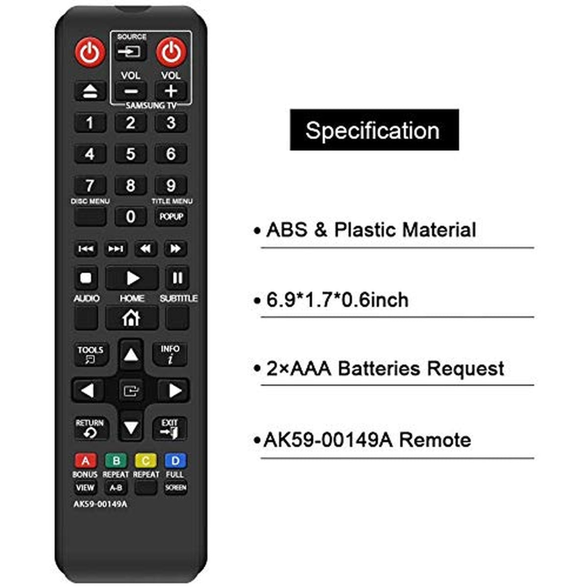 New AK59-00149A Replacement Remote Control fit for Samsung Blu-ray DISC Player BD-ES5000 BD-ES5300 BD-F5100 BD-FM57C BD-HM59
