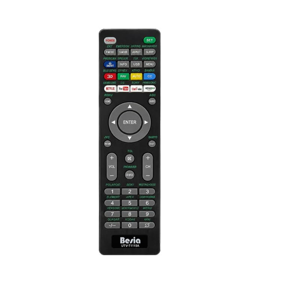 Universal TV Remote Control Replacement for Smart TVs, UTV-T1115A, Compatible with Emerson, Magnavox, Sanyo, TCL, Hisense, Element, Westinghouse, Seiki, Polaroid, JVC, Akai, Coby and More