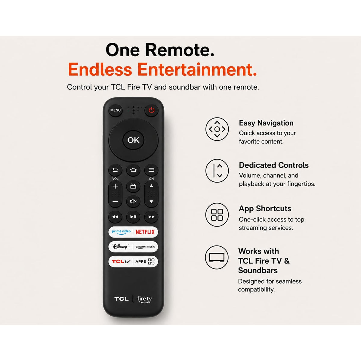 Replacement RC813 / CMB1 Remote for TCL Amazon TV, No Voice Function, Compatible with TCL Q550F | Netflix | Prime Video | TCLtv+ | Disney+ | Amazon Music | App Shortcut Buttons | Model G0401-000249