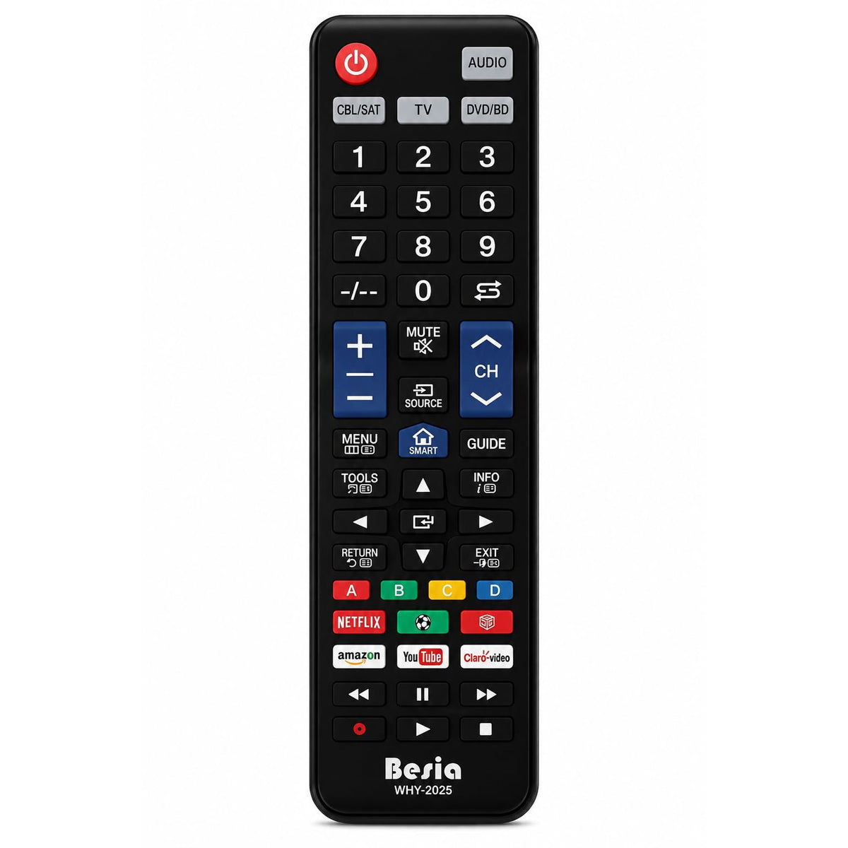 Universal Replacement Remote Control WHY-2025 for Samsung Smart TVs, Blu-ray/DVD Players, Cable Boxes & Audio Systems | 5-in-1 Programmable Universal TV Remote | Netflix, YouTube & Prime Video
