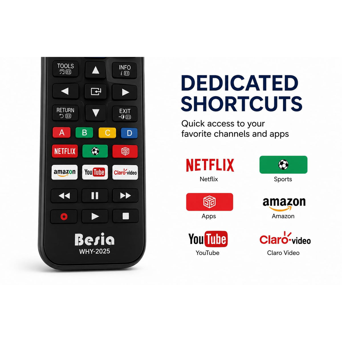 Universal Replacement Remote Control WHY-2025 for Samsung Smart TVs, Blu-ray/DVD Players, Cable Boxes & Audio Systems | 5-in-1 Programmable Universal TV Remote | Netflix, YouTube & Prime Video