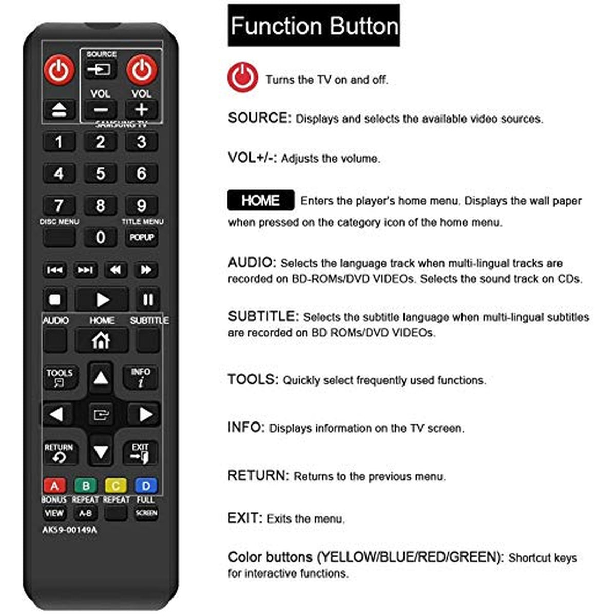 New AK59-00149A Replacement Remote Control fit for Samsung Blu-ray DISC Player BD-ES5000 BD-ES5300 BD-F5100 BD-FM57C BD-HM59