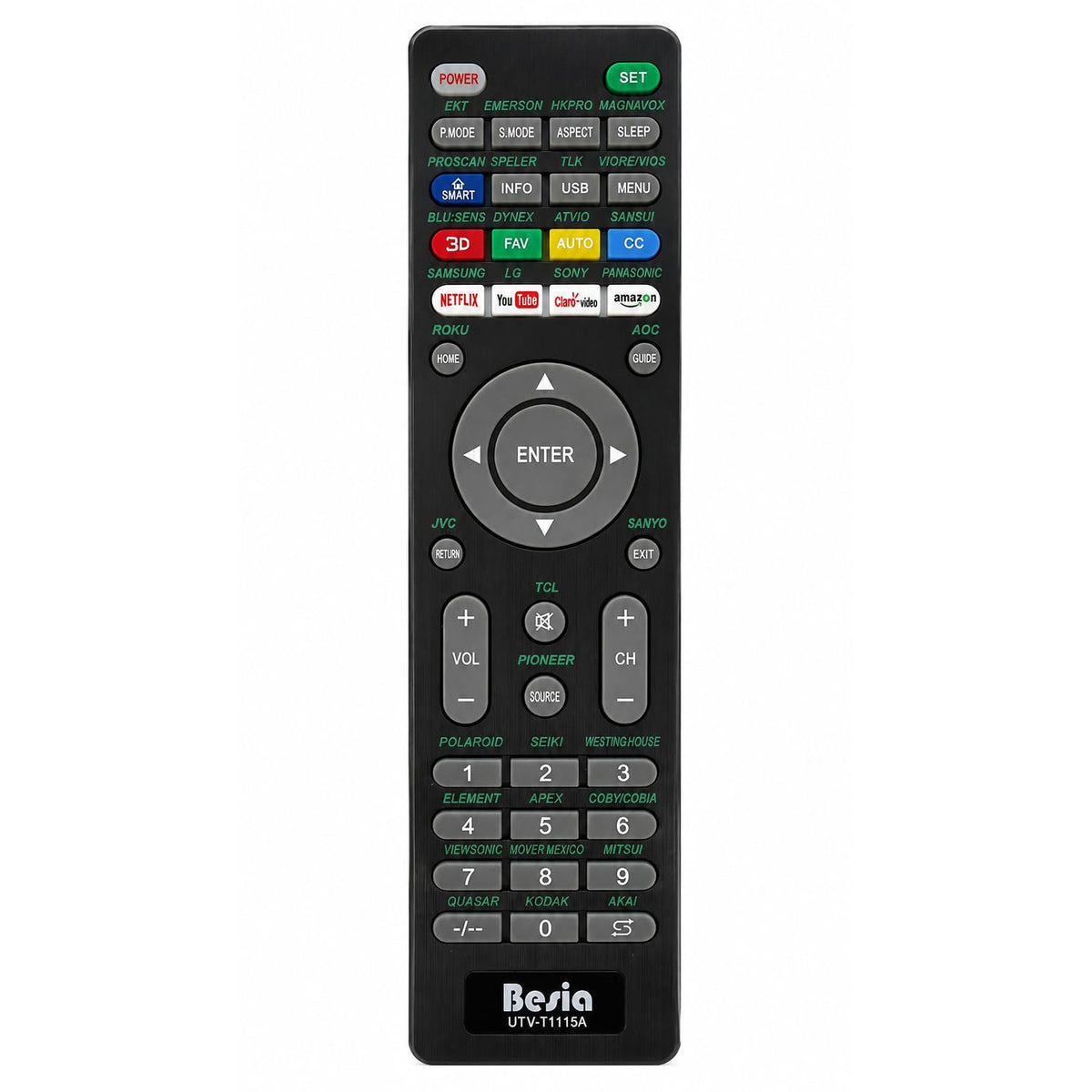 Universal TV Remote Control Replacement for Smart TVs, UTV-T1115A, Compatible with Emerson, Magnavox, Sanyo, TCL, Hisense, Element, Westinghouse, Seiki, Polaroid, JVC, Akai, Coby and More