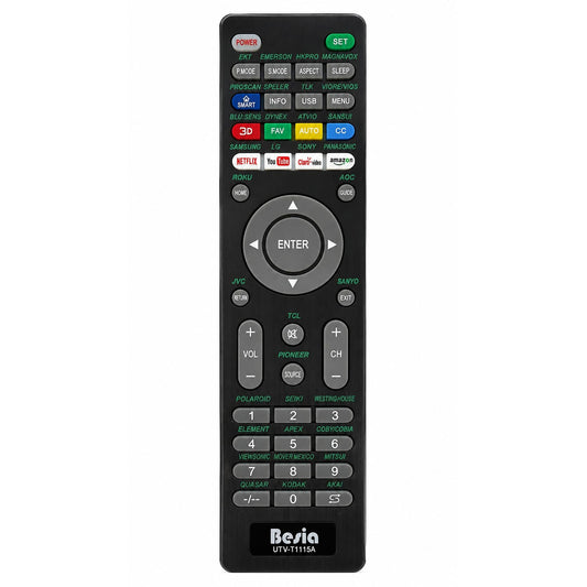 Universal TV Remote Control Replacement for Smart TVs, UTV-T1115A, Compatible with Emerson, Magnavox, Sanyo, TCL, Hisense, Element, Westinghouse, Seiki, Polaroid, JVC, Akai, Coby and More