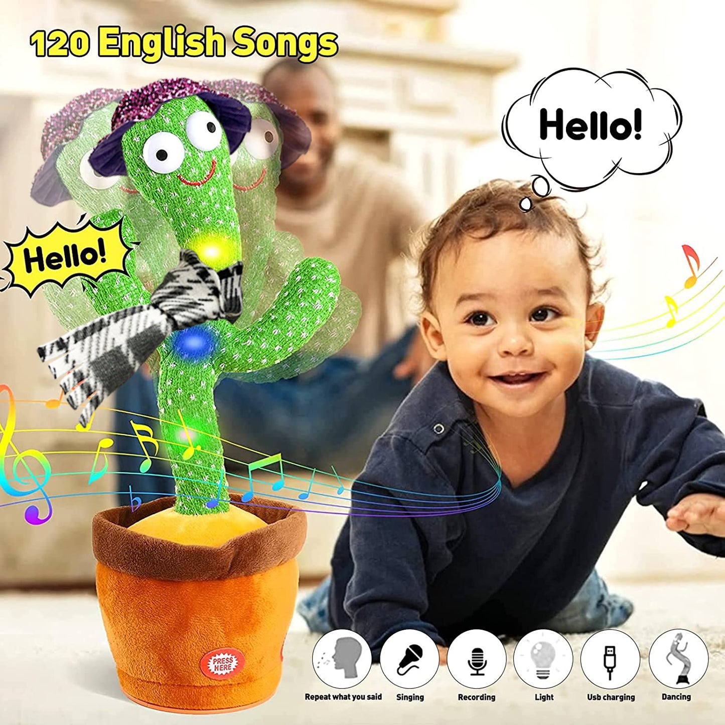 Kids Dancing Talking Cactus Toys for Baby Boys and Girls, Talking Sunny Cactus Toy Electronic Plush Toy Singing, Record & Repeating What You Say with 120 English Songs and LED Lighting for Home Decor