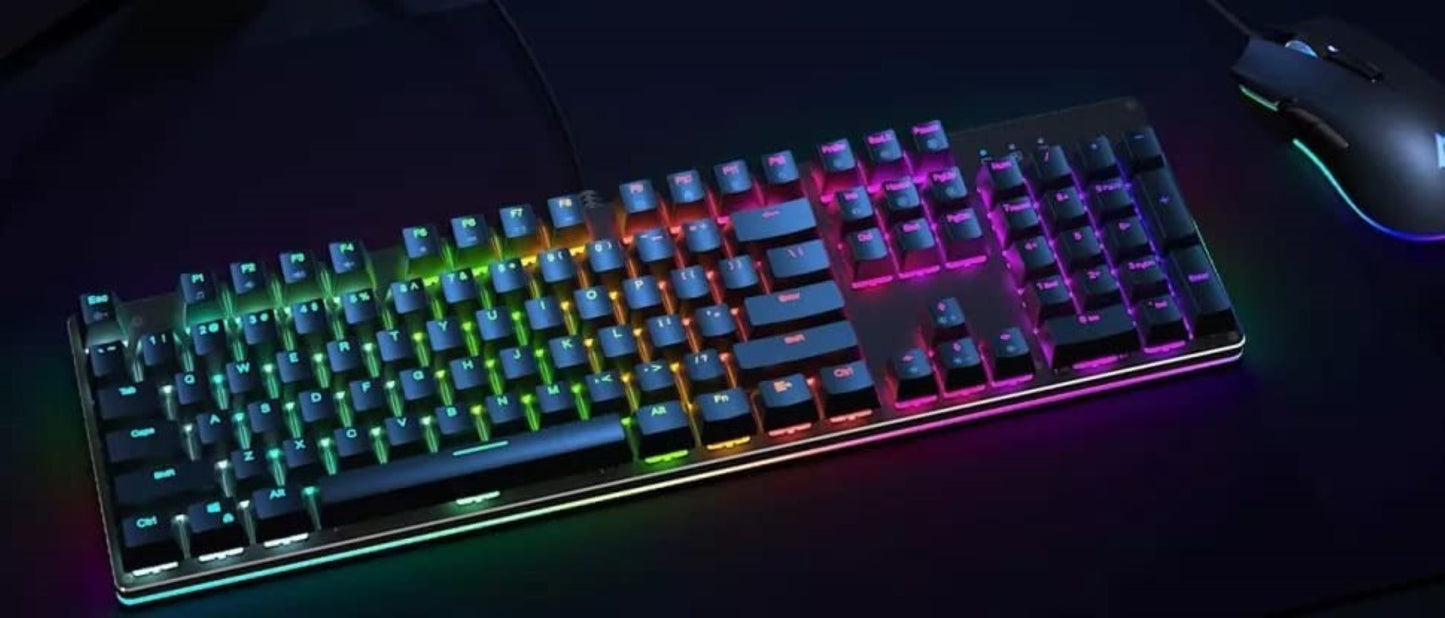 KM-G12 Mechanical Gaming Keyboard with Customizable RGB Backlight, Tactile & Clicky Red Switches, 104-Key Anti-Ghosting Wired Keyboard with Surround Lighting, Steel Body for PC and Laptop