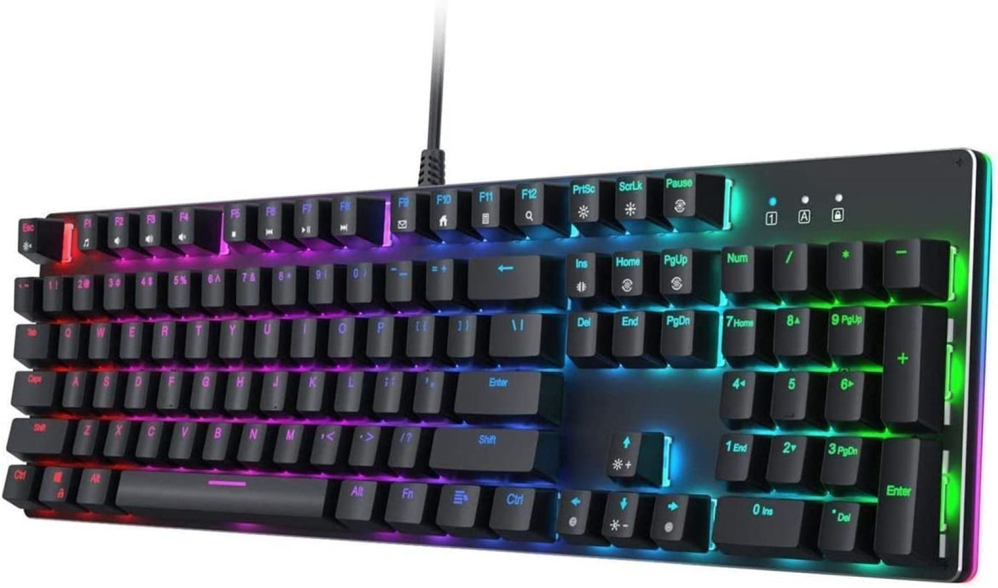 KM-G12 Mechanical Gaming Keyboard with Customizable RGB Backlight, Tactile & Clicky Red Switches, 104-Key Anti-Ghosting Wired Keyboard with Surround Lighting, Steel Body for PC and Laptop