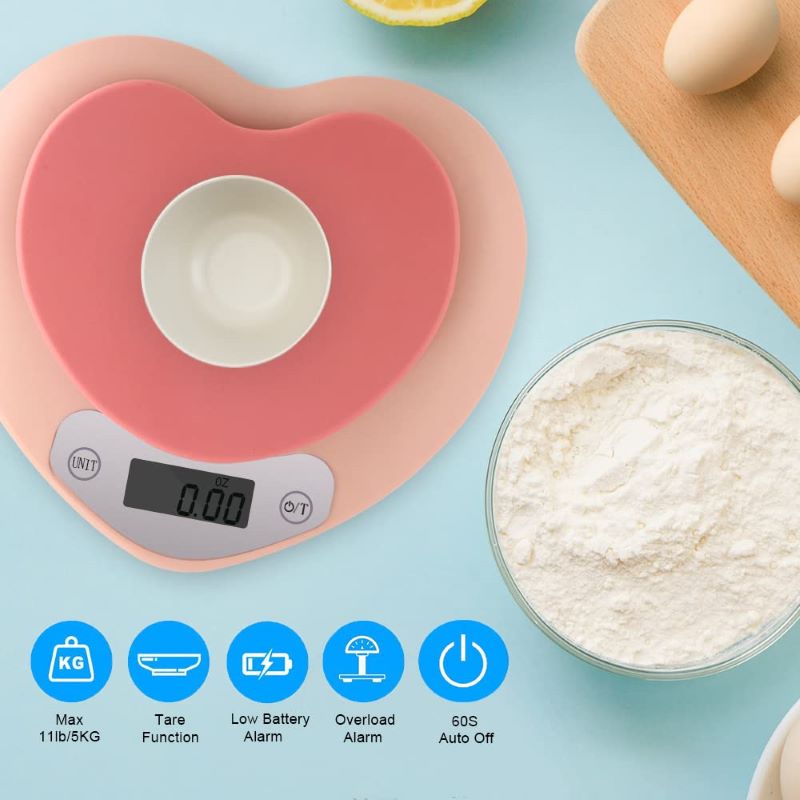 Food Kitchen Scale, Pink Food Scale Measures in Grams & Ounces & Pounds, Kitchen Scale for Baking, Cooking, 0.01oz/1g, 11 lb/5 kg Precise Kawaii Food Scale, 7.3*6.6*1.4inch