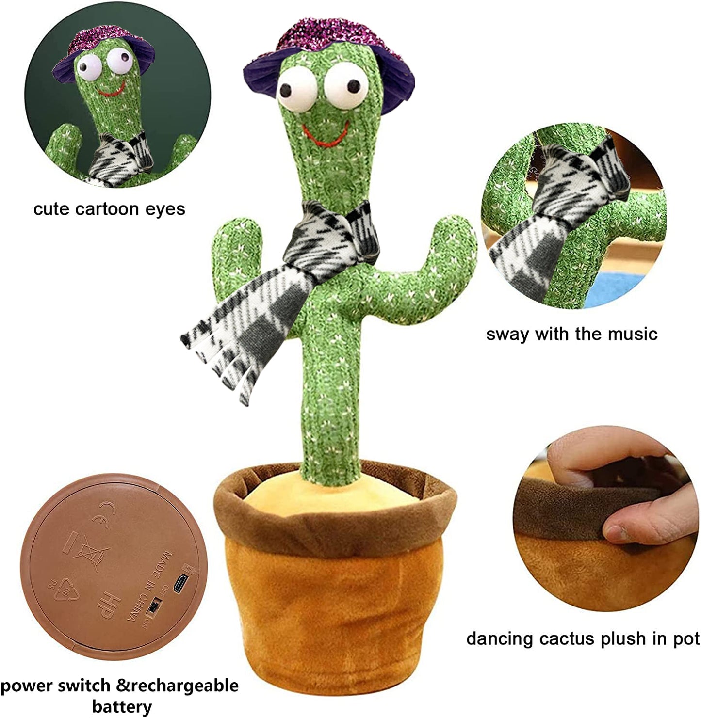 Kids Dancing Talking Cactus Toys for Baby Boys and Girls, Talking Sunny Cactus Toy Electronic Plush Toy Singing, Record & Repeating What You Say with 120 English Songs and LED Lighting for Home Decor